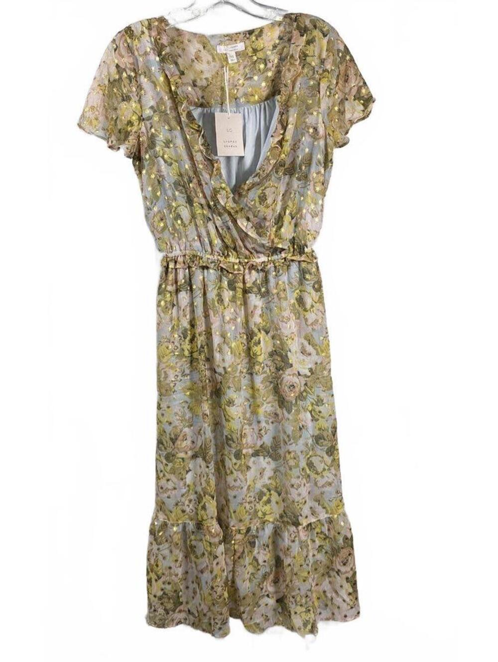 LC Lauren Conrad XS Yellow Floral Short Sleeve Midi Dress